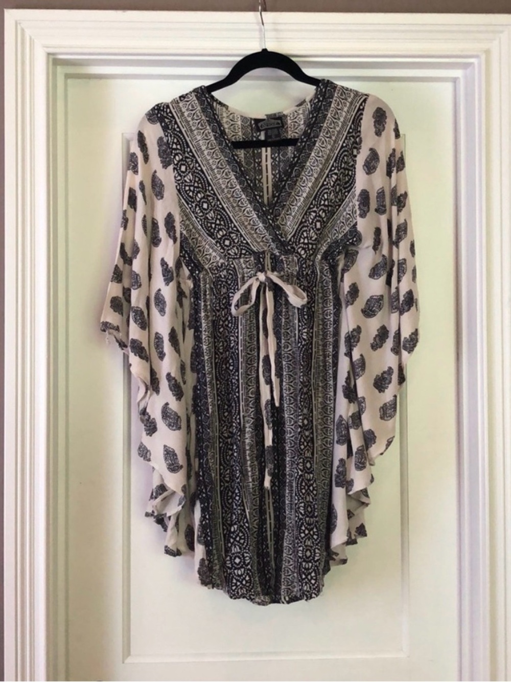 Angie Boho Black & Cream Printed Tie-Front Tunic